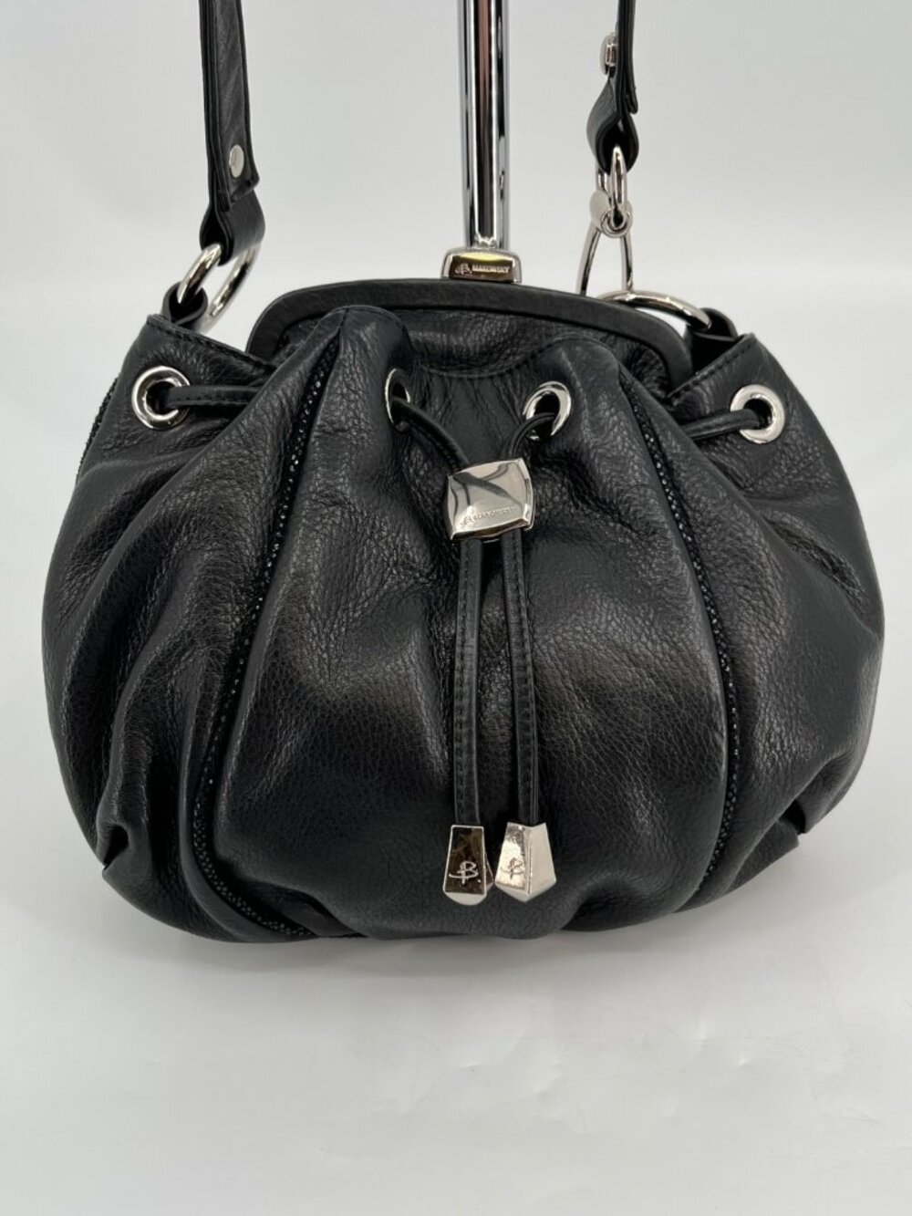 B Makowsky Drawstring Bucket Bag Black Pebbled Leather Silver Hardware Pocket